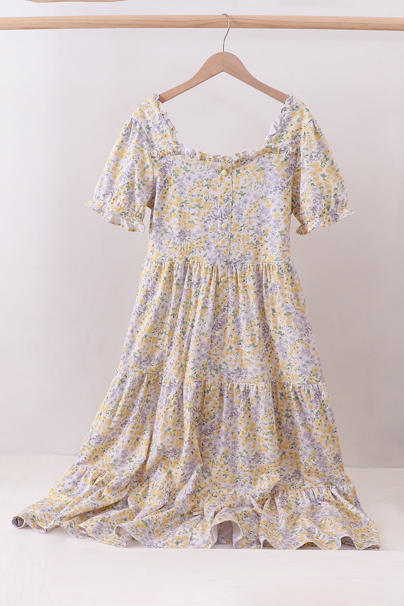 Floral print puff sleeve tiered dress