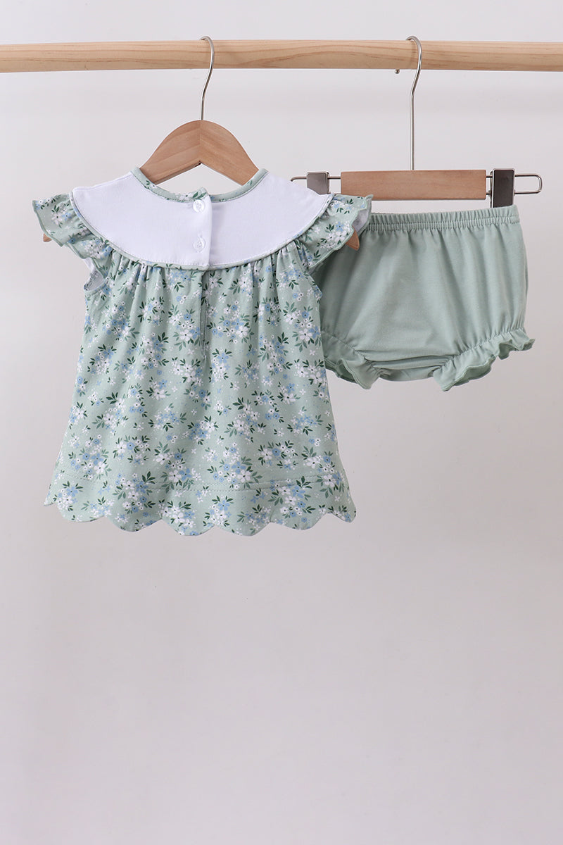 Sage floral cross embroidery ruffle bloomer set
