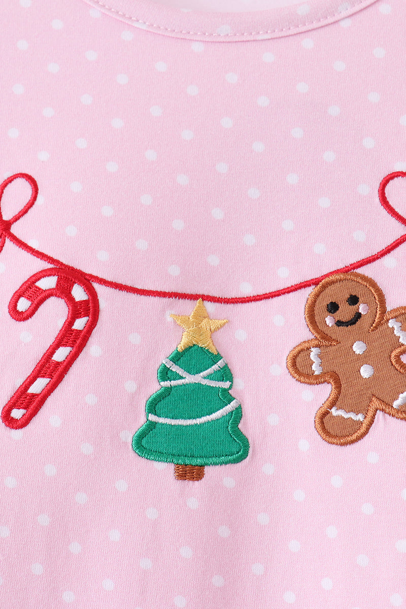Pink christmas tree gingerbread embroidery pants set