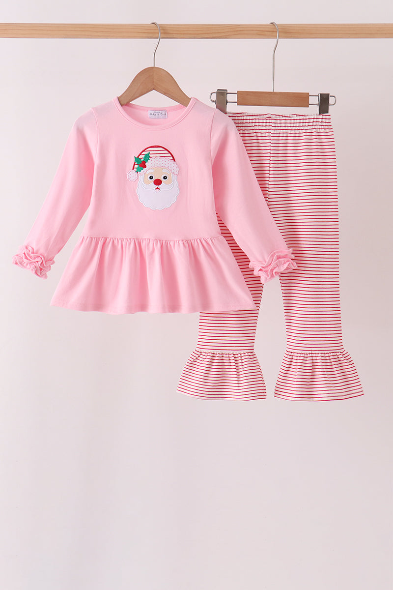 Pink stripe santa embroidery ruffle pants set