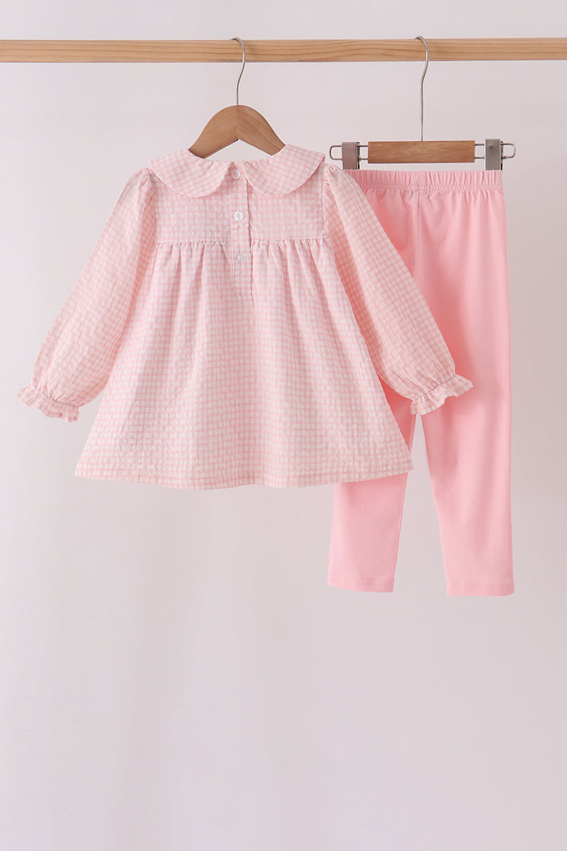 Pink candy cane holly embroidery plaid pants set