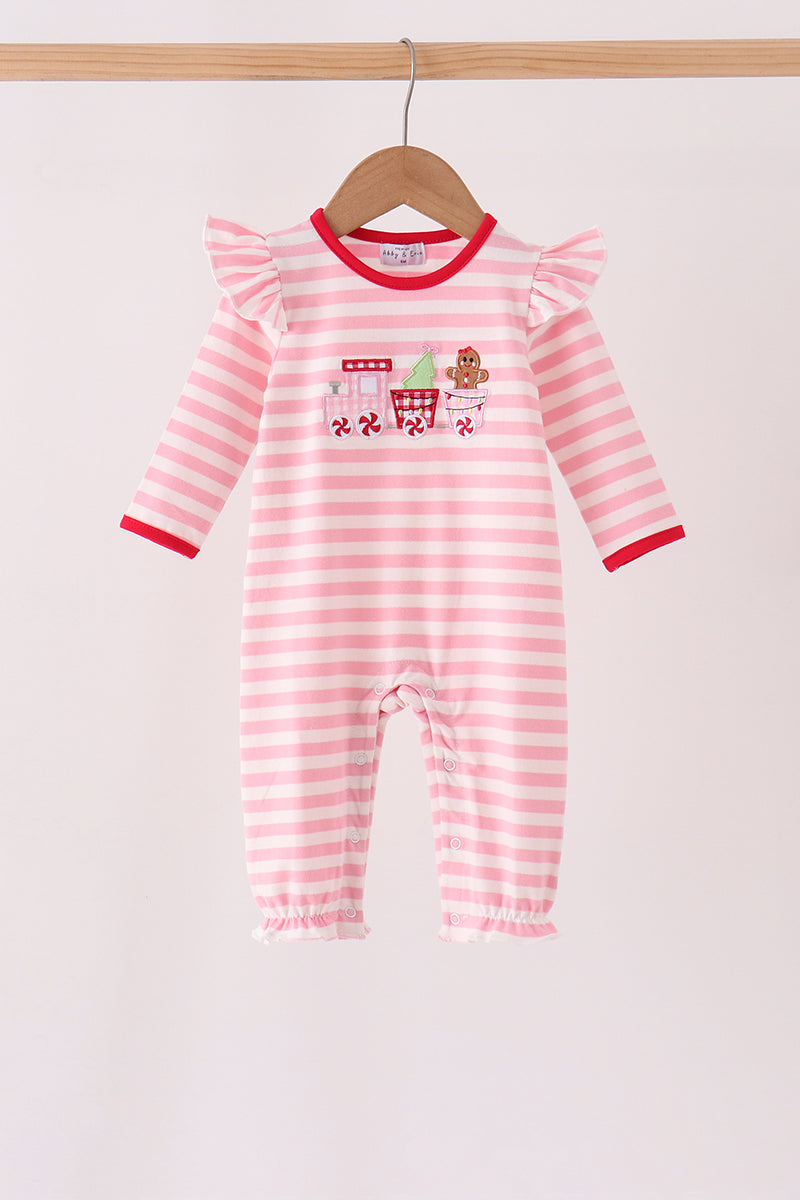 Pink gingerbread embroidery stripe ruffle romper