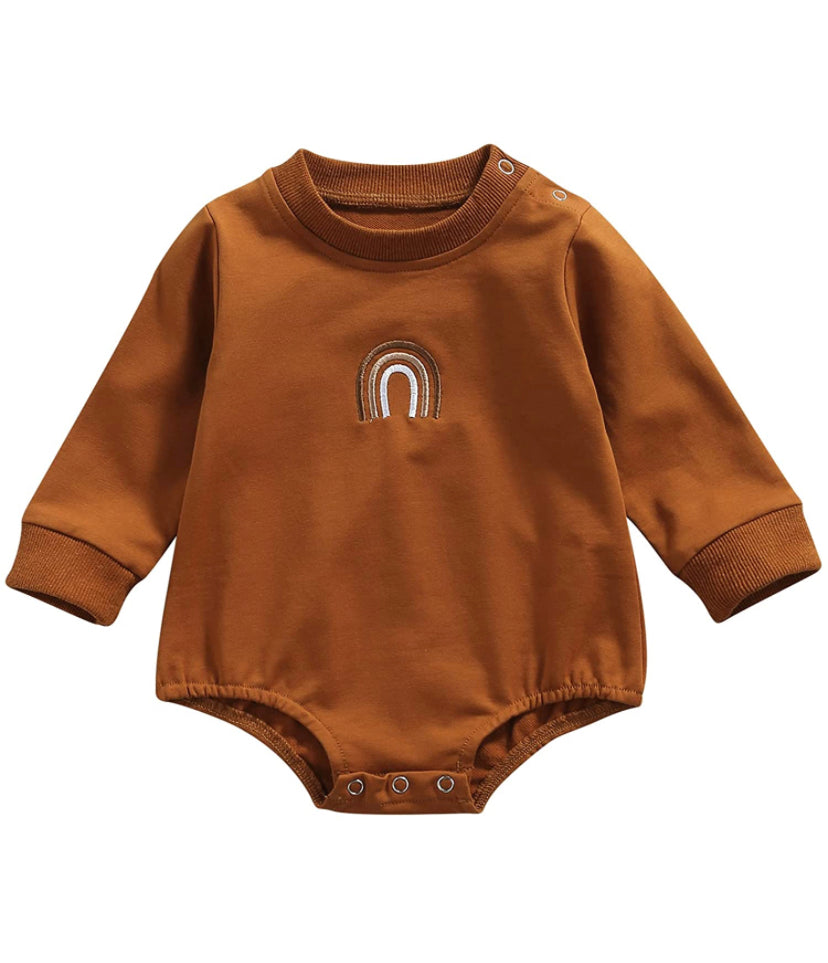Terracotta Muted Neutral Tone Embroidered Rainbow Sweatshirt Romper