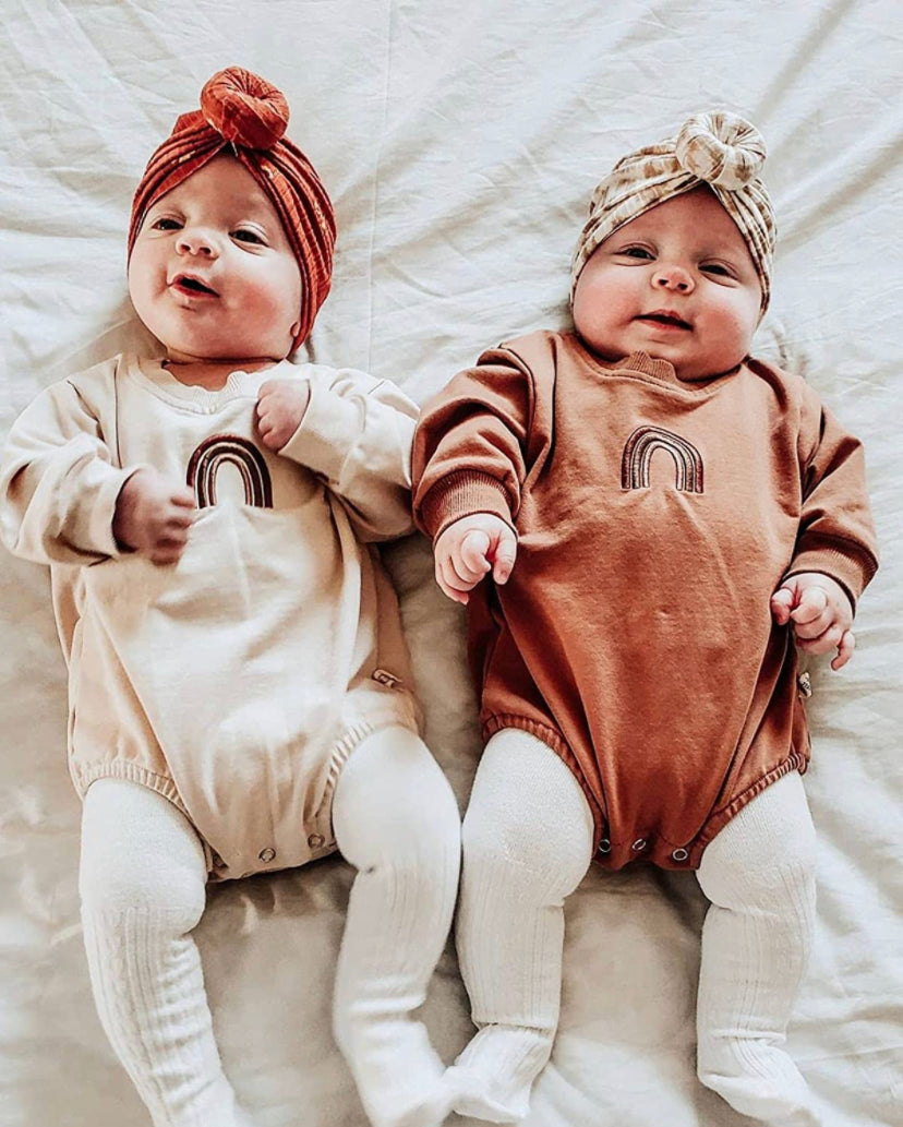 Terracotta Muted Neutral Tone Embroidered Rainbow Sweatshirt Romper