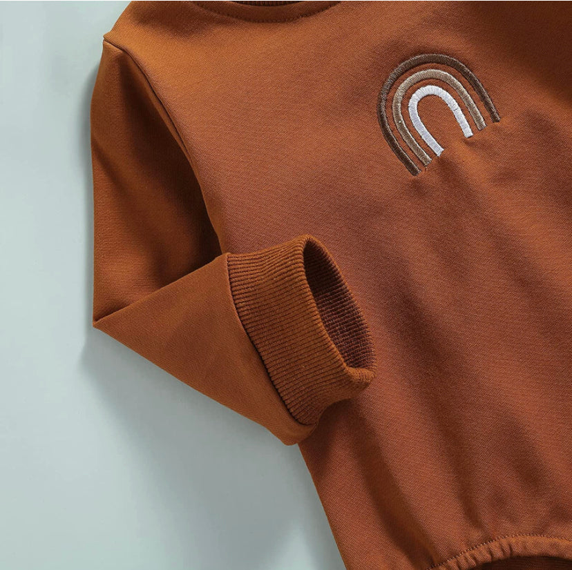 Terracotta Muted Neutral Tone Embroidered Rainbow Sweatshirt Romper